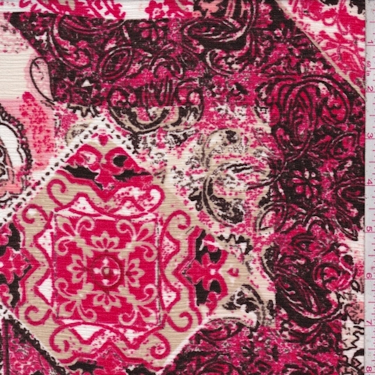 Hot Pink/Mocha Multi Stylized Patchwork Crinkled Crepe Fabric By the Yard